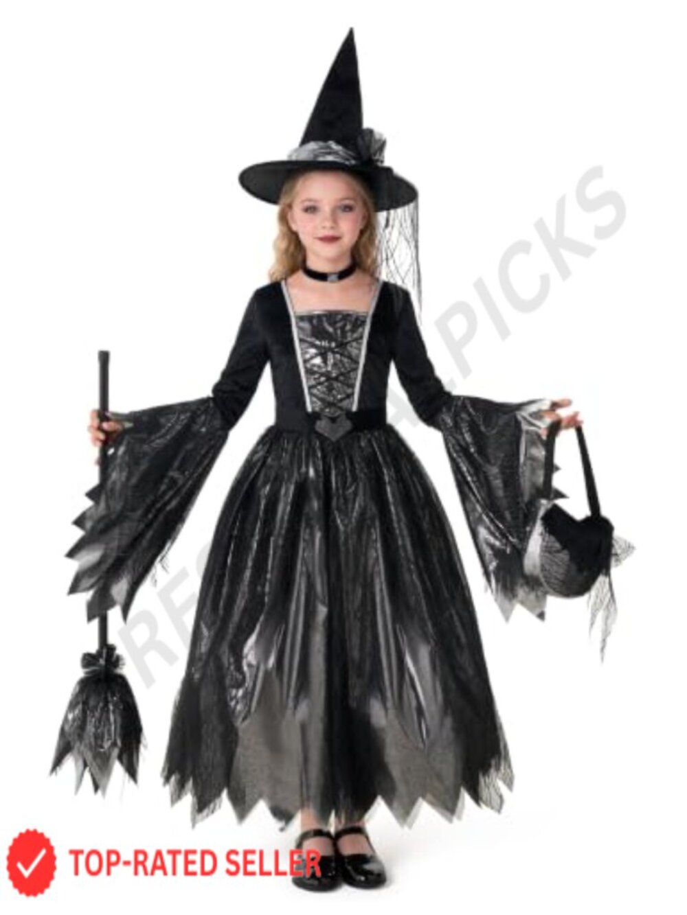 Girls Witch Costume Set 6 Pc Dress Hat Broom Bag Belt Choker Halloween - Picture 1 of 6
